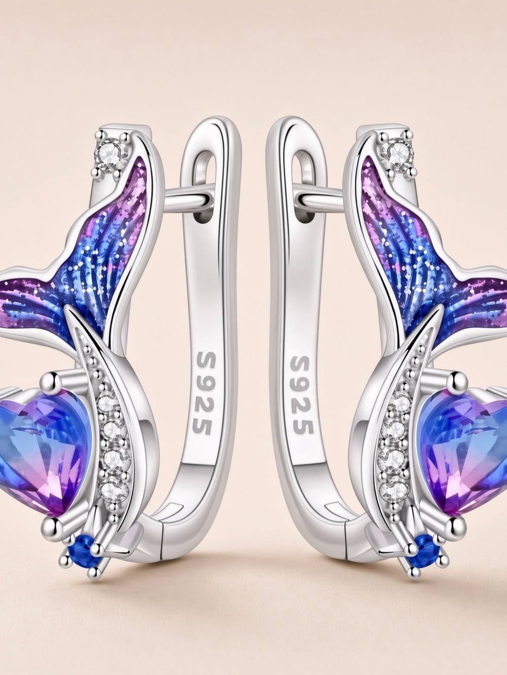 Sterling Silver Mermaid Tail Earrings with Purple-Blue Crystal